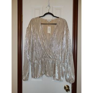 ON-34TH Metallic Gold Pleated Wrap Peplum Blouse Party Evening‎ Top Plus Size 2X